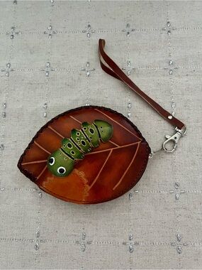 Leaf-Shaped Leather Wristlet with Cute Green Caterpillar NWOT